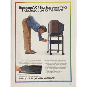 Magnavox Stereo VCR "Has everything including a cure for the Bends"Print Ad 1987